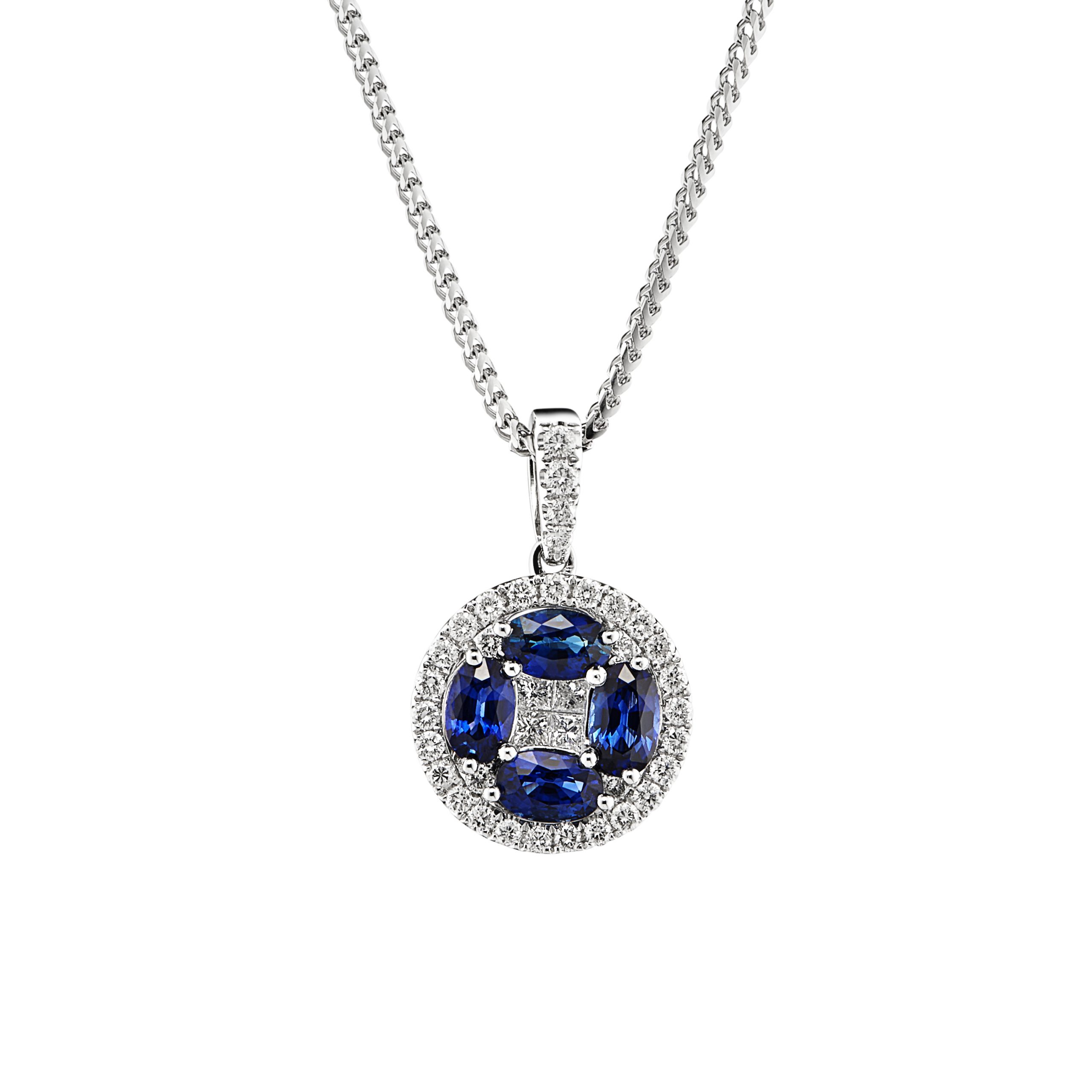 18ct Sapphire and Diamond Circular Pendant with 16 inch White Gold Chain