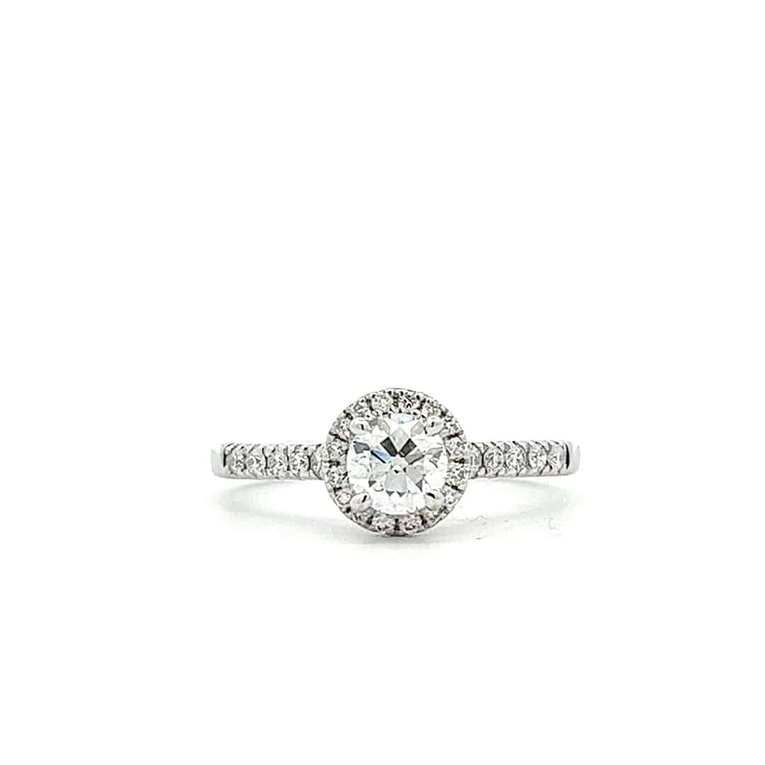 0.50ct E Colour, VS2 Clarity Brilliant Cut Diamond Halo Design Ring – 18ct White Gold