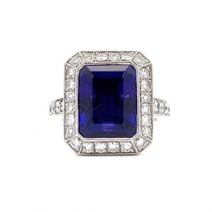 Preowned Platinum 8.98ct AAAA Emerald Cut Tanzanite and Diamond Ring - 1.19ct Total Diamond Weight