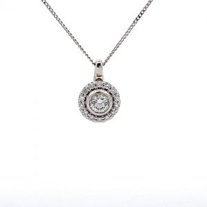 0.30ct,18ct White Gold Rubover Halo Design Pendant with 18 and 16 inch Chain