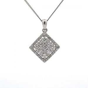 18ct White Gold Square Diamond Cluster Pendant