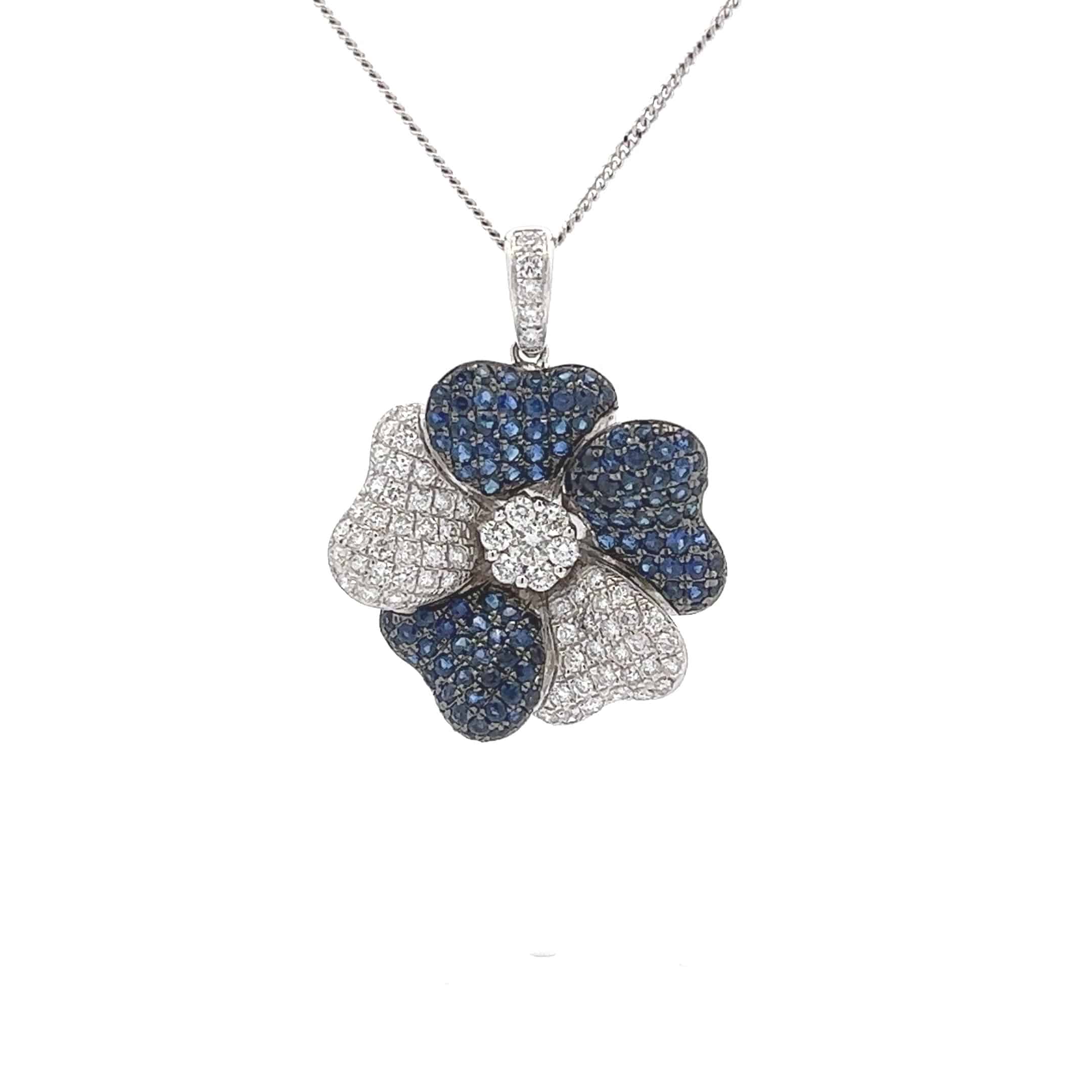 18ct White Gold Sapphire and Diamond Flower Pendant with 18 Inch Chain