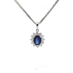 1.57ct Sapphire and 0.53ct Diamond Pendant in 18ct White Gold with 16 Inch Chain
