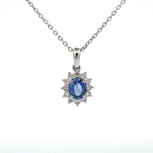 0.43ct Sapphire and 0.16ct Diamond 18ct White Gold Cluster Pendant with 16 Inch Chain