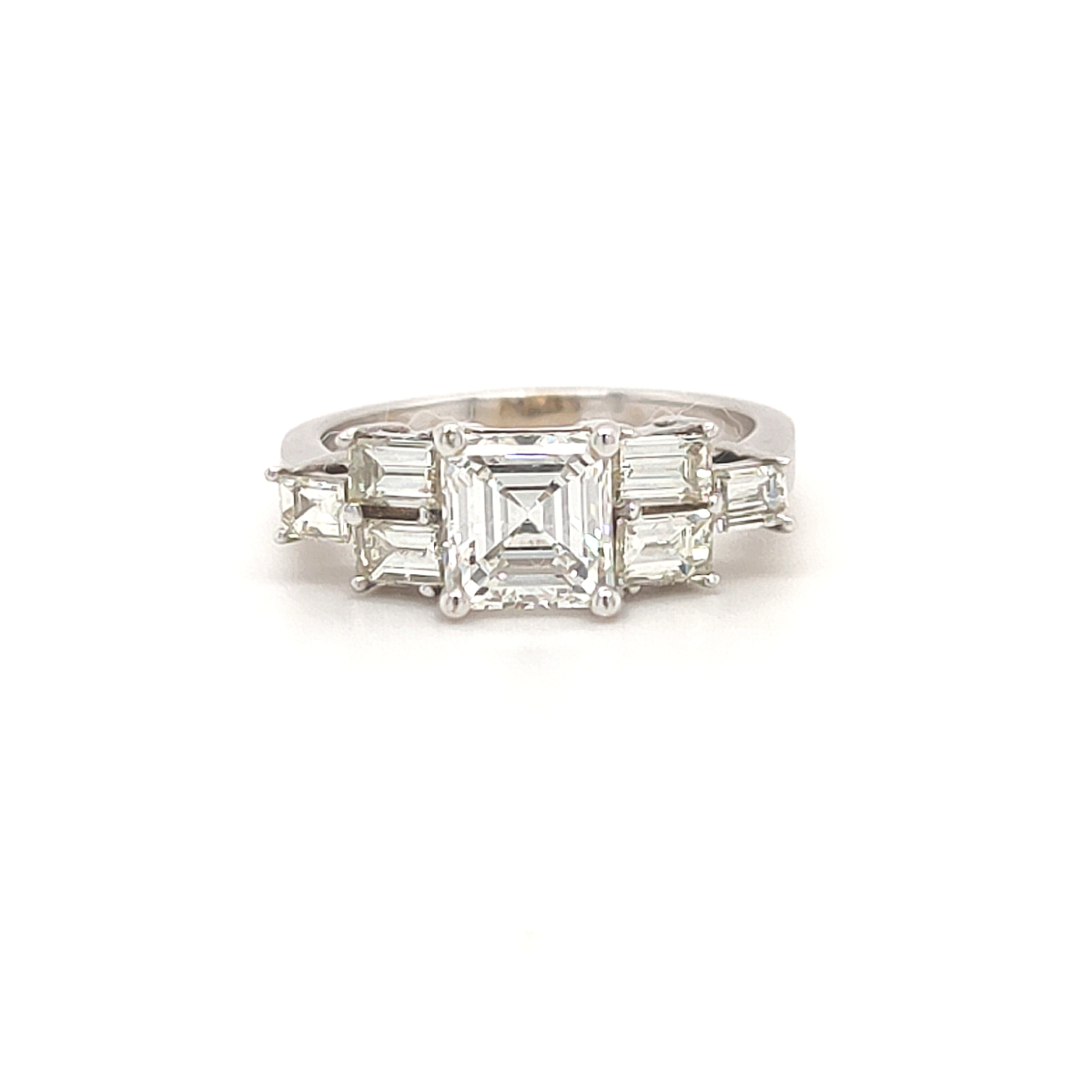 1.28ct, 18ct White Gold Octagonal Cut Diamond Ring with Baguette Cut Shoulders