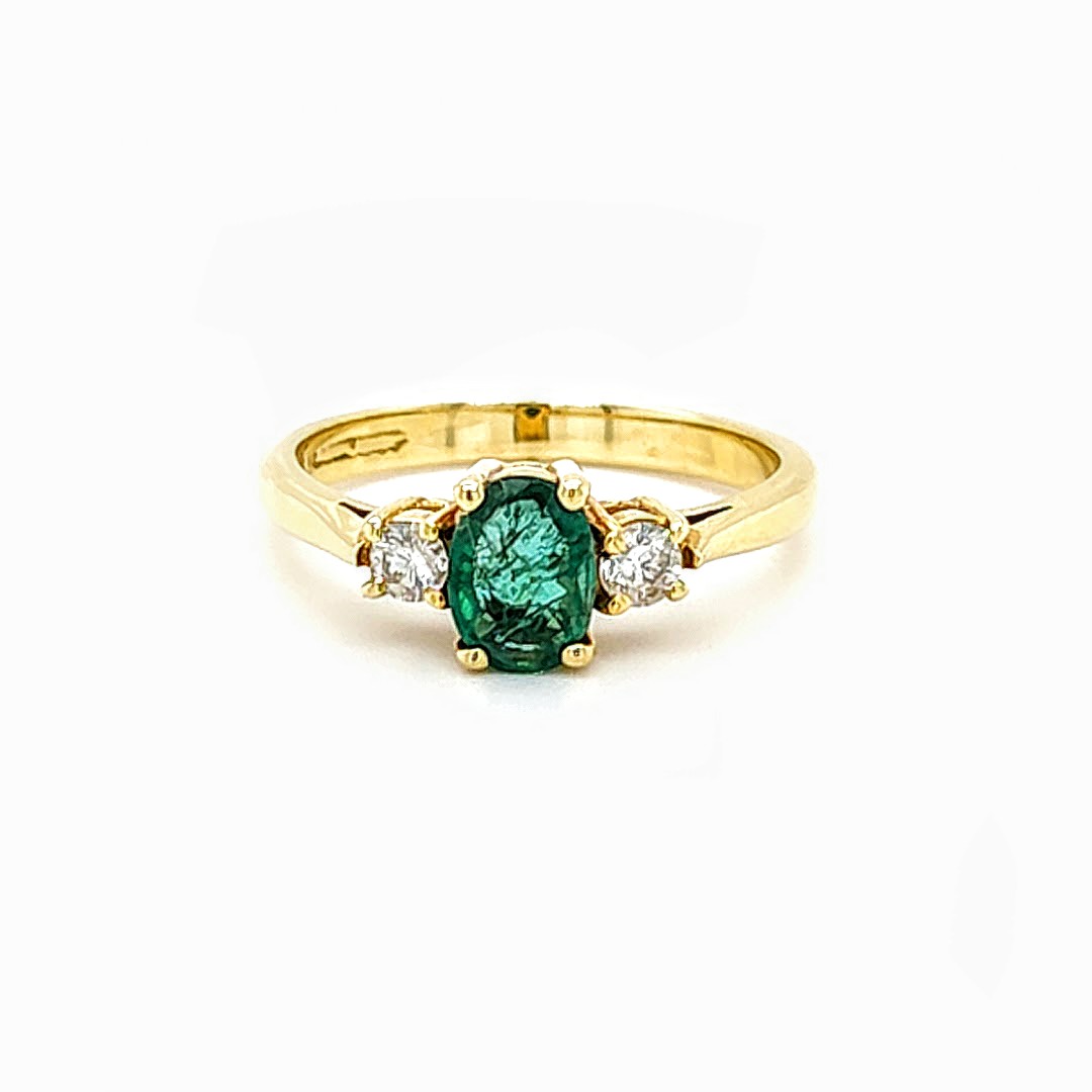 18ct Yellow Gold Emerald and Diamond Trilogy Design Stone Ring