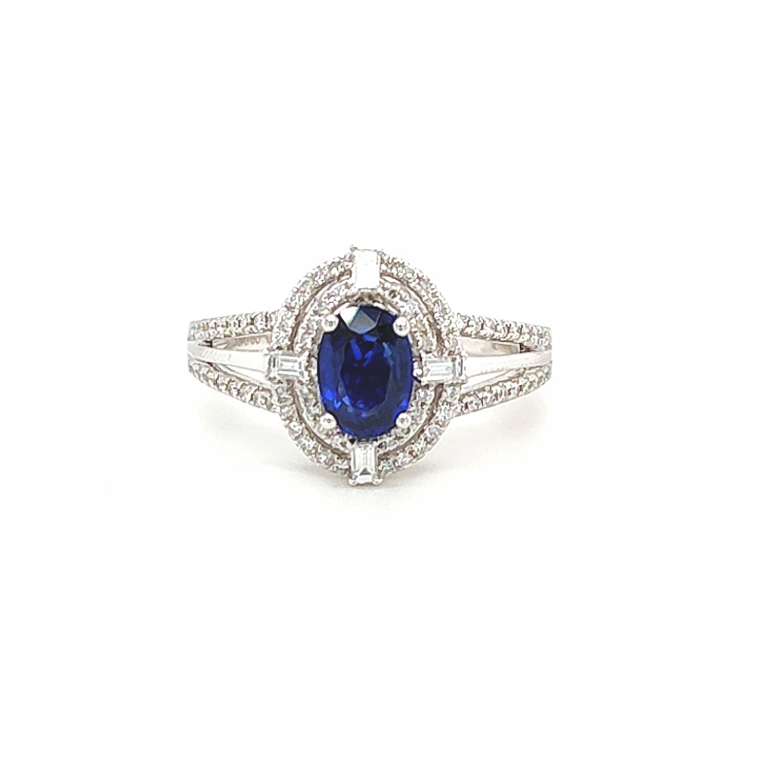0.98ct Sapphire and 0.44ct Diamond 18ct White Gold Cluster Ring