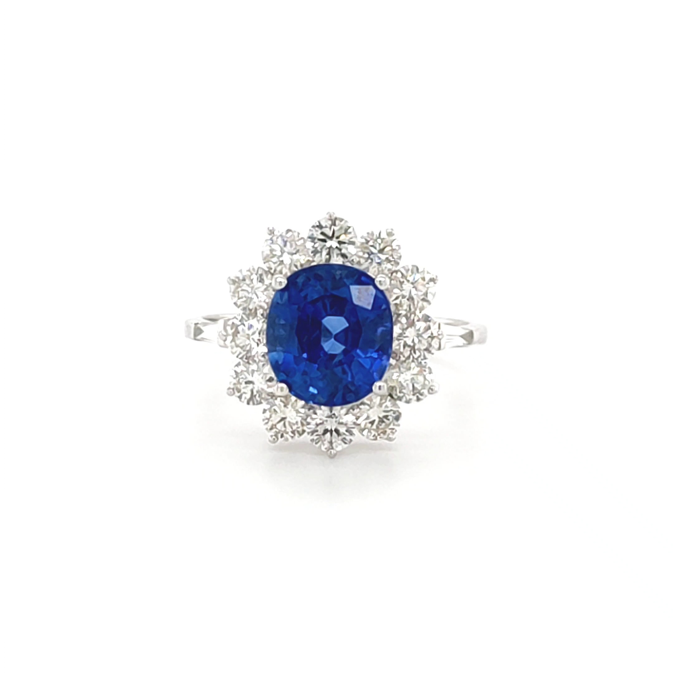 18ct White Gold 3.32ct (Assessed) Sapphire and 1.33ct (Assessed) Diamond Cluster Ring – Pre-Owned