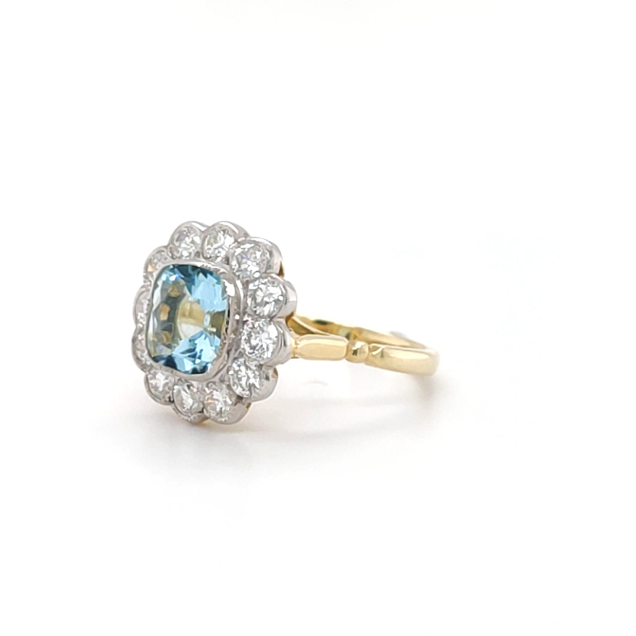 18ct Yellow and White Gold 1.50ct Aquamarine and 1.10ct Diamond Cluster Ring – Pre-Owned