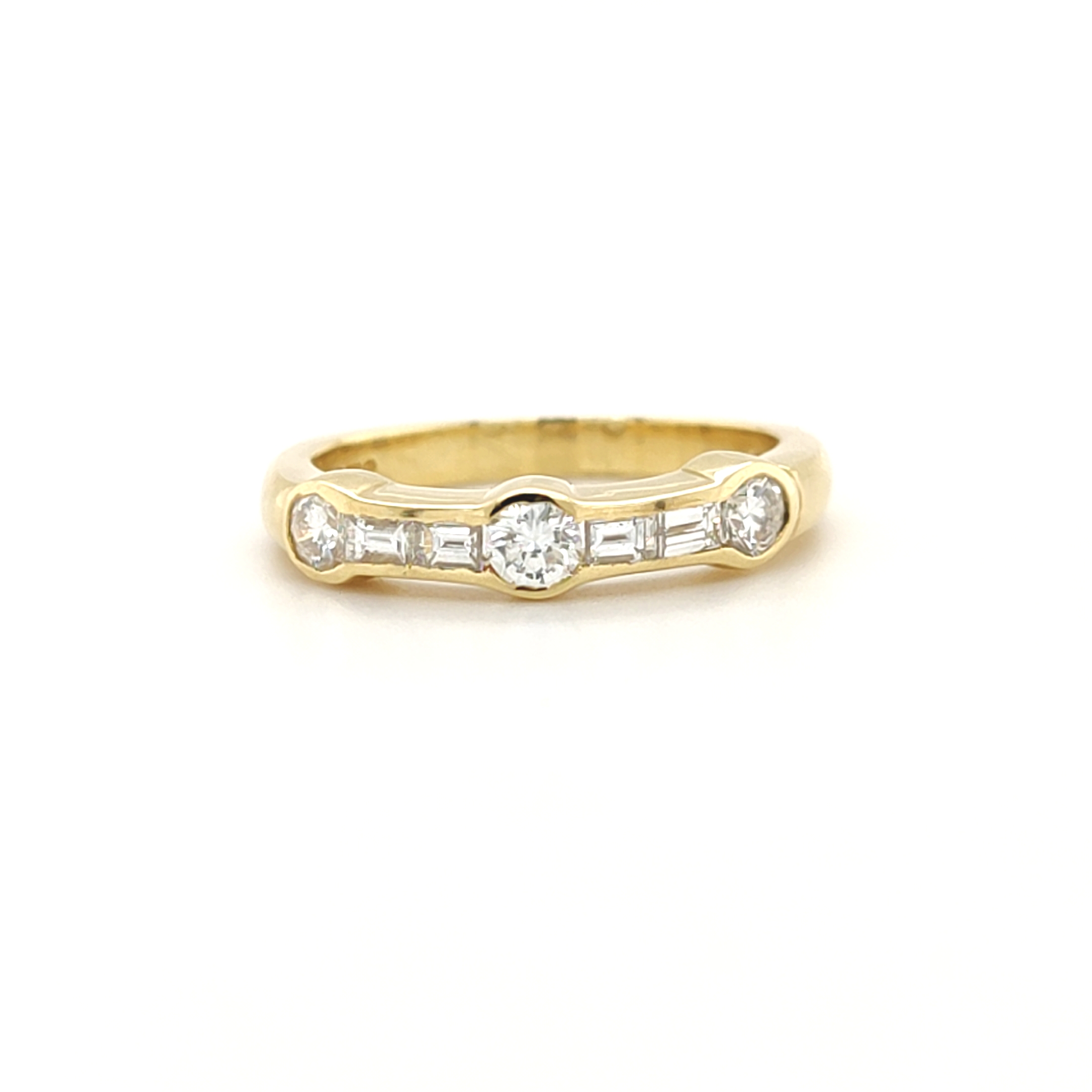 18ct Yellow Gold Brilliant Cut and Baguette Cut Diamond Half Hoop Ring ...