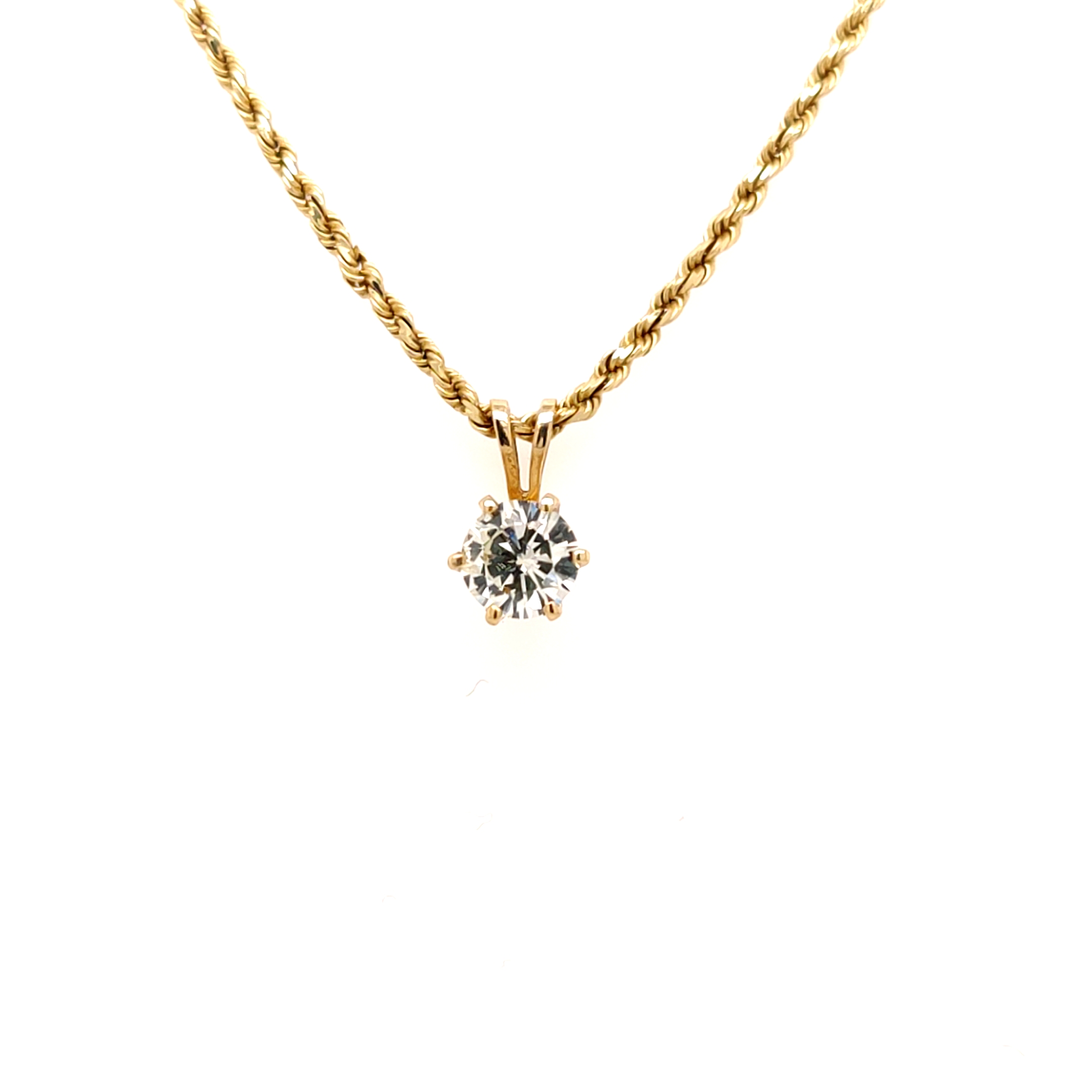 14ct Yellow Gold, Diamond Solitaire Pendant (0.75ct Assessed) with 18 Inch 14ct Yellow Gold Chain – Pre-Owned