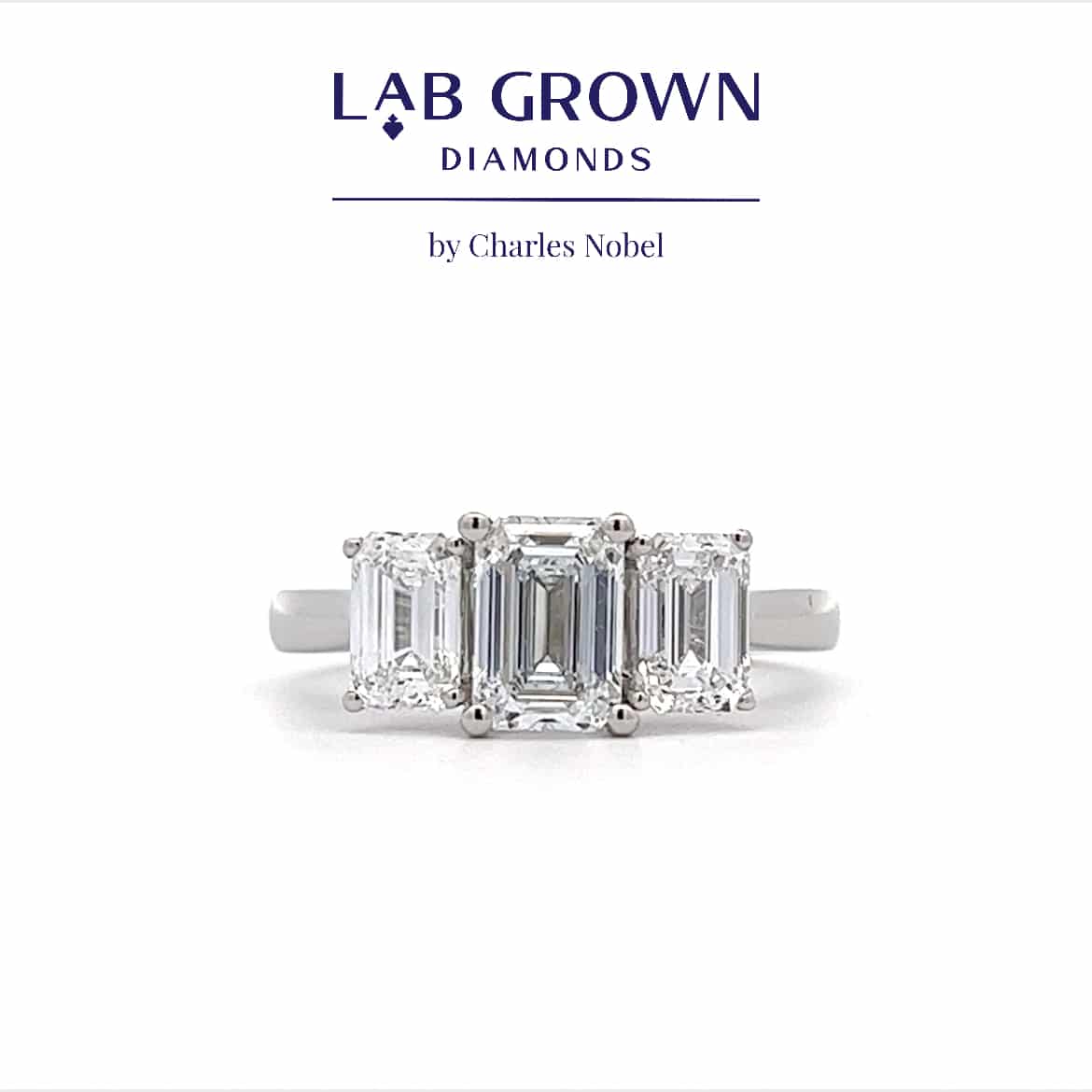 2.03ct Lab Grown Emerald Cut Diamond 3 Stone Ring Set in Platinum – Certificated D colour VS1