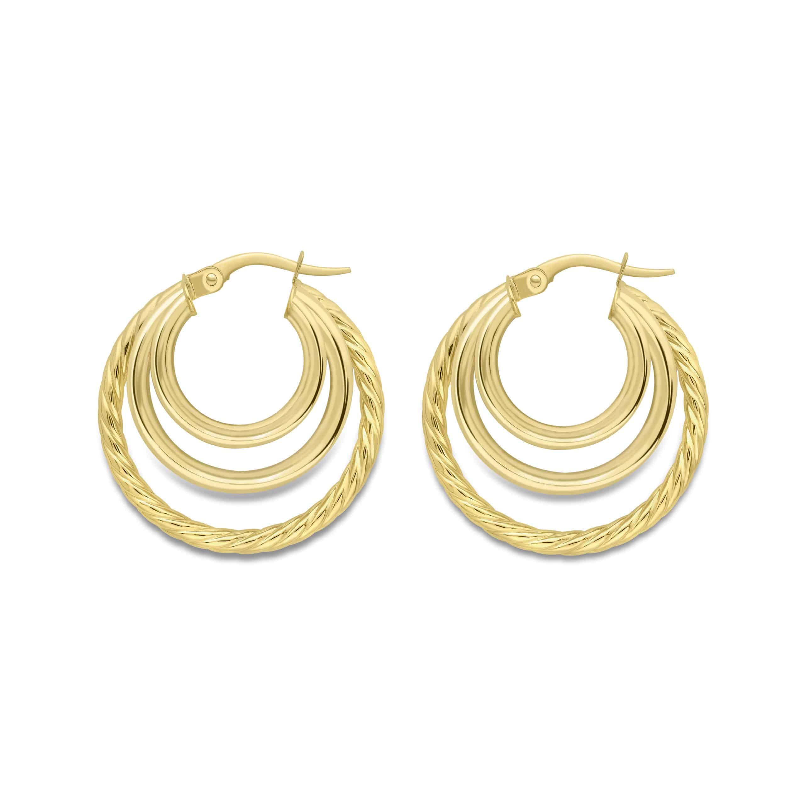 9ct Yellow Gold Three Polished and Twisted Hoop Earrings - Charles Nobel