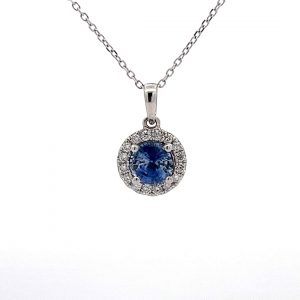1.21ct Sapphire and 0.19ct Diamond Round Cluster Pendant in 18ct White Gold - 16 Inch Chain