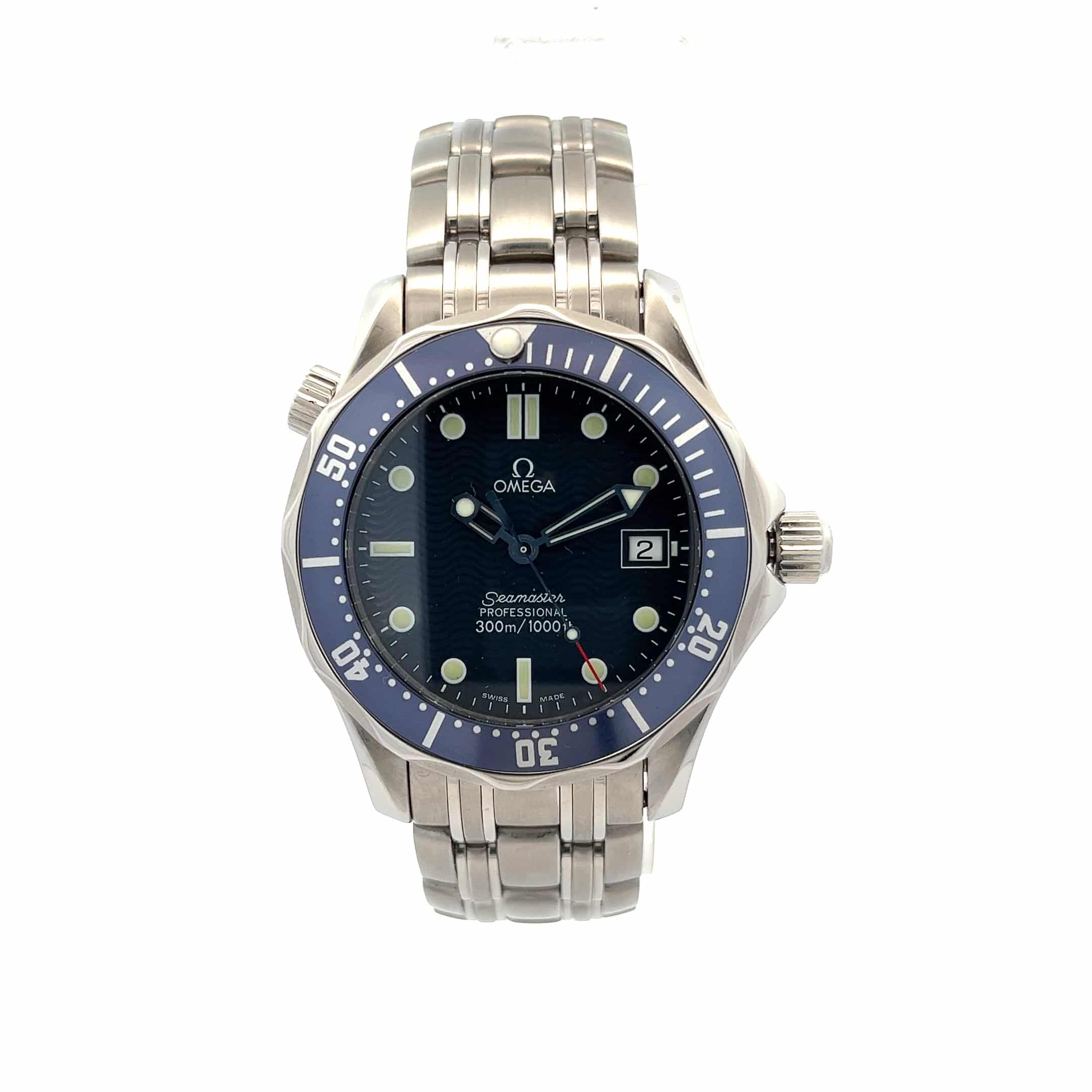 Midsize Stainless Steel Quartz Omega Seamaster With Blue Bezel and Dial