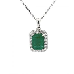 1.81ct Emerald and 0.22ct Brilliant Cut Diamond Pendant in 18ct White Gold - 16 Inch Chain