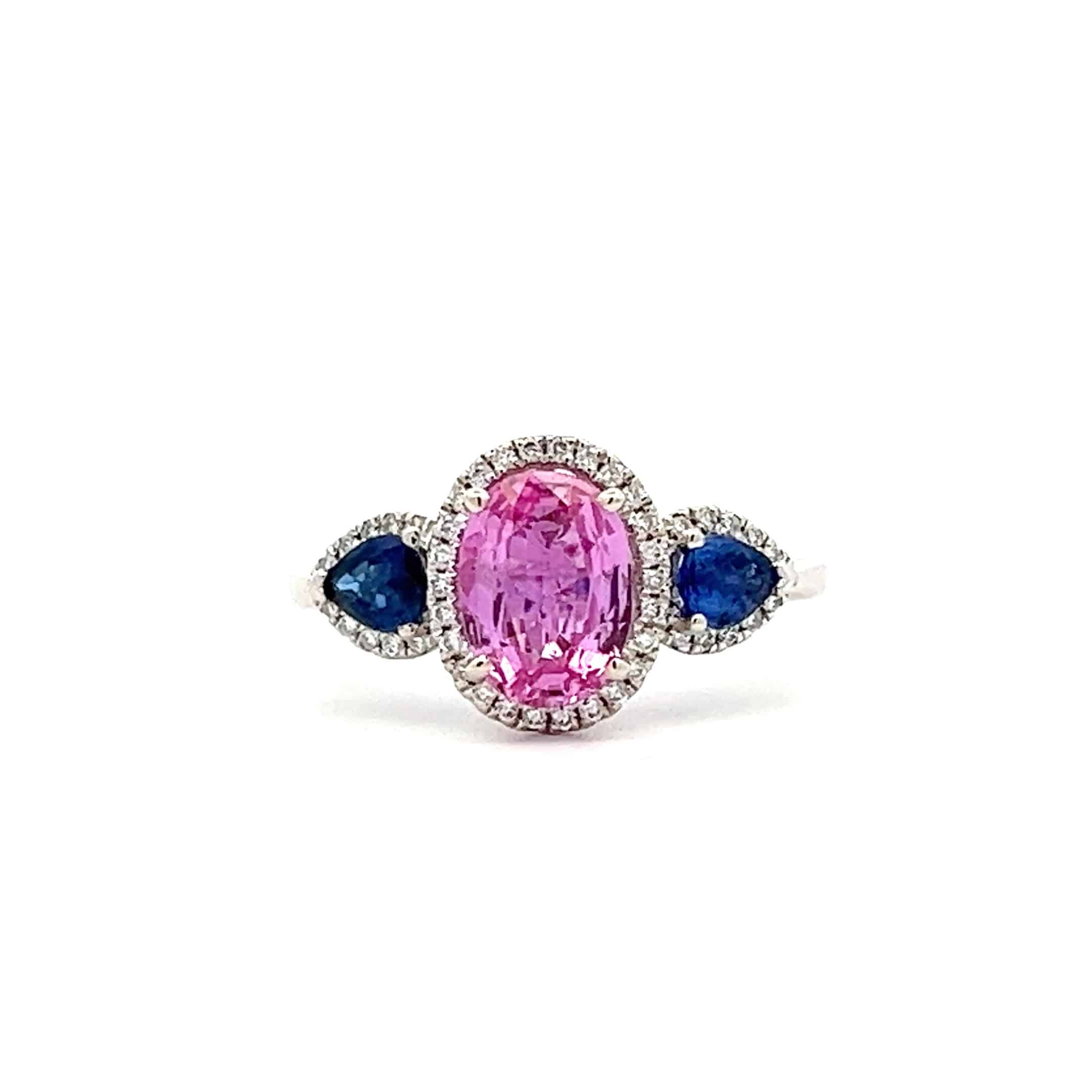 1.40ct Oval Pink Sapphire, 0.63ct Brilliant Cut Diamond Ring with Pear Shaped Blue Sapphires – 18ct White Gold