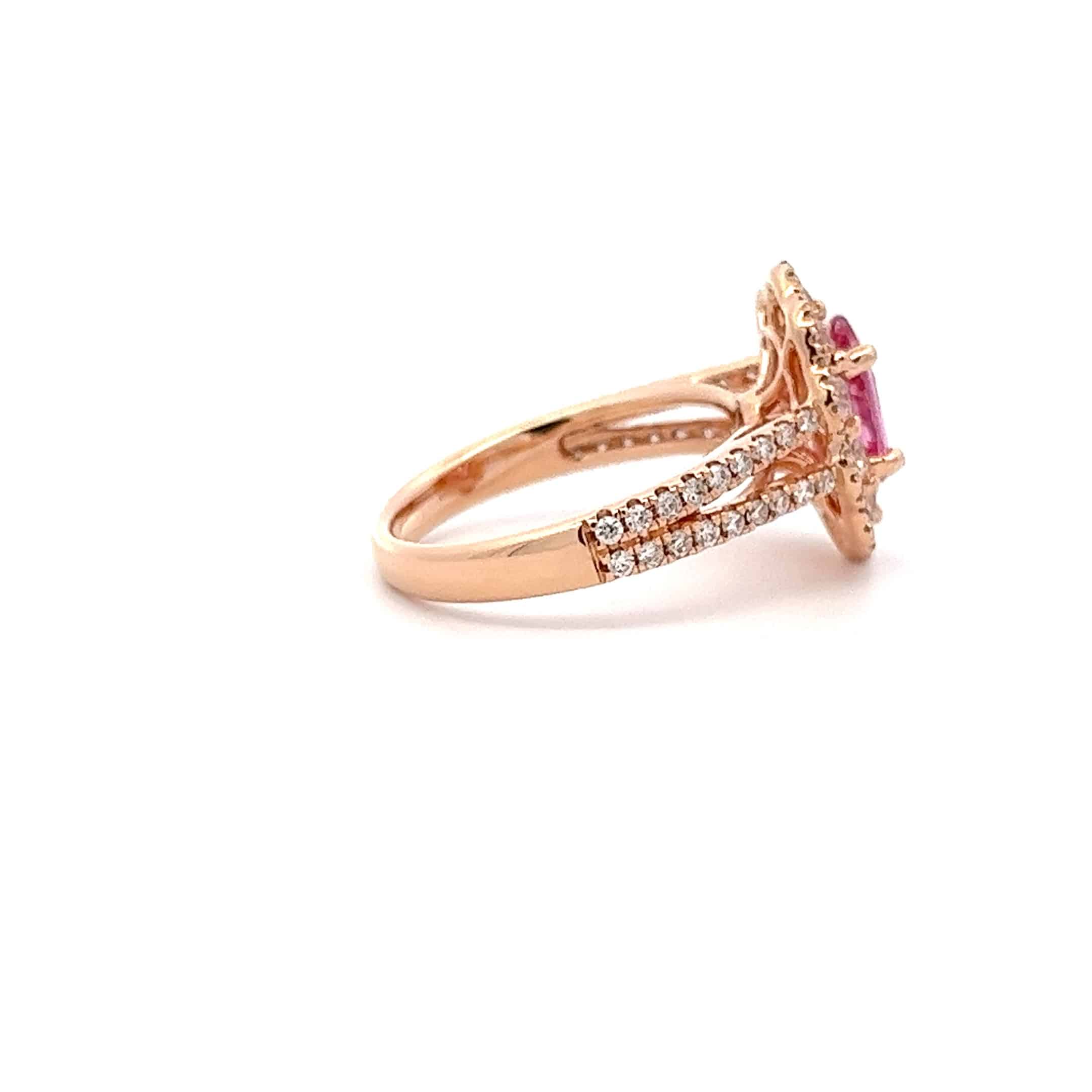 1.31ct Oval Pink Sapphire Ring with Diamond Halo in 18ct Rose Gold