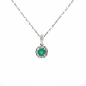0.23ct Emerald and 0.13ct Diamond Halo Design Pendant in 18ct White Gold