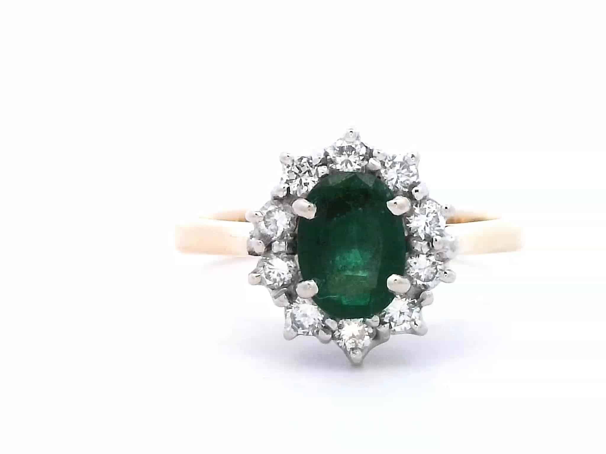 0.65ct Emerald and 0.40ct Diamond Cluster Ring in 18ct Gold – Pre-owned