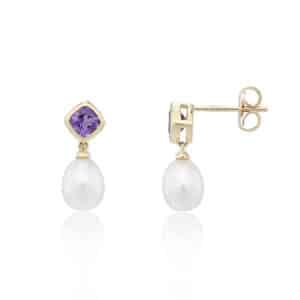 9ct Yellow Gold Dark Amethyst & Cultured Pearl Drop Earrings